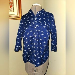 Navy blue button-up shirt with white dragonflies